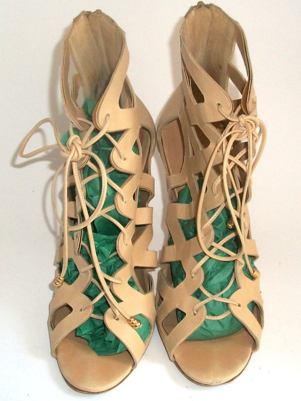Manolo Blahnik Beige Leather Lace-Up Rear Zip Cut Out Cage High Heels
